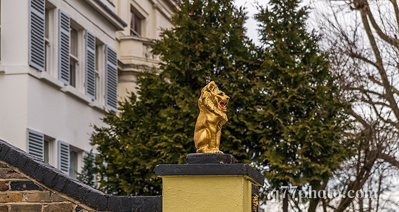 gold lion on a pedestal in front of the gate to the estate, gold
